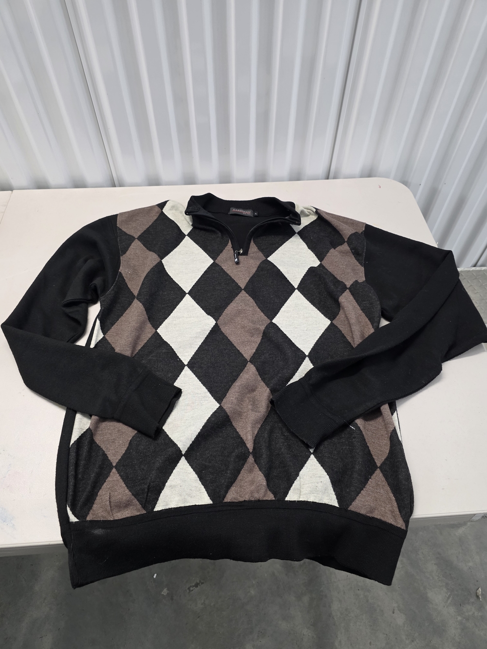 Men's Argyle Zip-Up Sweater in Black, Brown & Cream